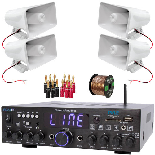 Pyle PDA4BU 200 Watt Wireless Bluetooth Multi-Channel Home Audio Stereo Amplifier Receiver, 4x Pyle PHSP5 8'' 65 Watt Max Power 8-Ohms Indoor/Outdoor PA Horn Speakers, Banana Plugs, Speaker Wire