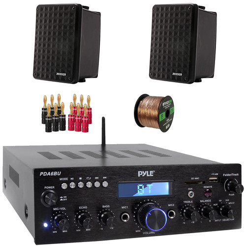 Pyle PDA5BU 200W Bluetooth USB FM Radio Stereo Mini Amplifier Receiver, 2x Kicker 46KB6B 6.5" 150 Watt Max Power 2-Way Full-Range Indoor/Outdoor Black Speakers, Banana Plugs, 50 Feet Speaker Wire
