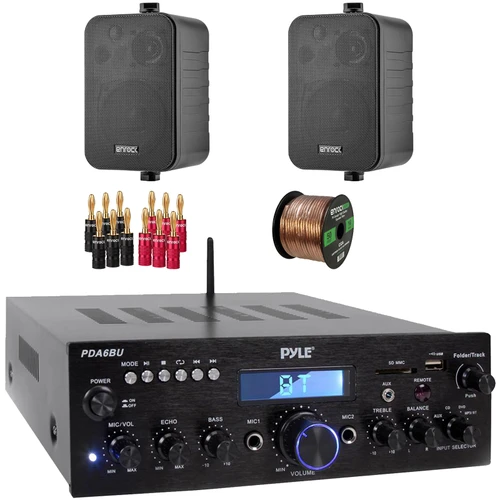 Pyle PDA5BU 200W Bluetooth USB FM Radio Stereo Mini Amplifier Receiver, 2x Enrock EKMR408B 4" 30 Watt Max Power 3-Way Indoor/Outdoor Black Speakers, Banana Plugs, 50 Feet 16 Gauge Speaker Wire