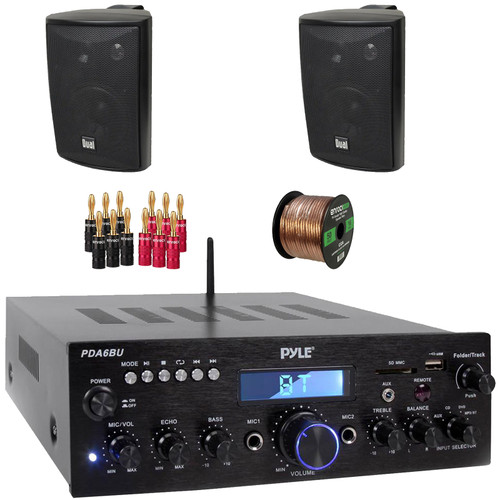 Pyle PDA5BU 200W Bluetooth USB FM Radio Stereo Mini Amplifier Receiver, 2x Dual Electronics LU47PB 4" 200 Watt Max Power 3-Way Indoor/Outdoor Black Speakers, Banana Plugs, 50 Feet Speaker Wire