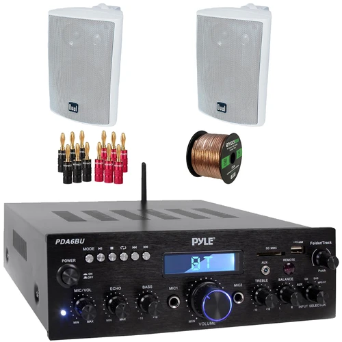 Pyle PDA5BU 200W Bluetooth USB FM Radio Stereo Mini Amplifier Receiver, 2x Dual Electronics LU47PW 4" 200 Watt Max Power 3-Way Indoor/Outdoor White Speakers, Banana Plugs, 50 Feet Speaker Wire