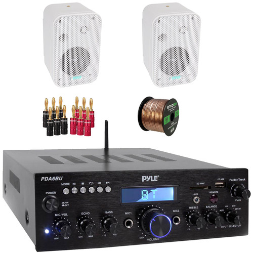 Pyle PDA5BU 200W Bluetooth USB FM Radio Stereo Mini Amplifier Receiver, 2x Pyle PDWR30W 3.5" 300 Watt Max Power Indoor/Outdoor White Waterproof Speakers, Banana Plugs, 50 Feet 16 Gauge Speaker Wire