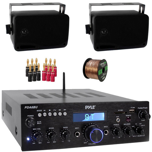 Pyle PDA5BU 200W Bluetooth USB FM Radio Stereo Mini Amplifier Receiver, 2x Pyle PLMR24B 3.5'' 200W Max Power 3-Way Indoor/Outdoor Wall Mount Black Audio Speakers, Banana Plugs, 50 Feet Speaker Wire