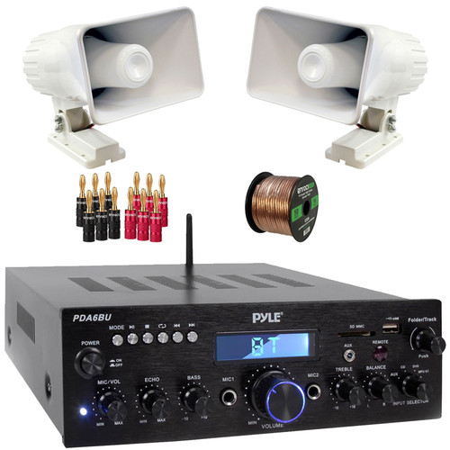 Pyle PDA5BU 200W Bluetooth USB FM Radio Stereo Mini Amplifier Receiver, 2x Pyle PHSP4 6'' 50 Watt Max Power 8-Ohms Indoor/Outdoor PA Horn Speakers, Banana Plugs, 50 Feet 16 Gauge Speaker Wire