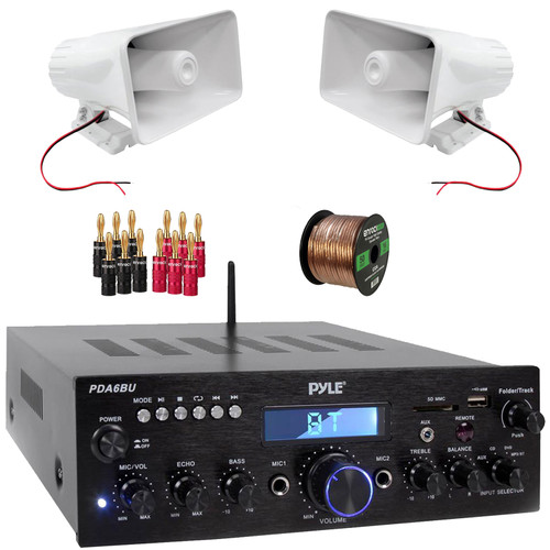 Pyle PDA5BU 200W Bluetooth USB FM Radio Stereo Mini Amplifier Receiver, 2x Pyle PHSP5 8'' 65 Watt Max Power 8-Ohms Indoor/Outdoor PA Horn Speakers, Banana Plugs, 50 Feet 16 Gauge Speaker Wire