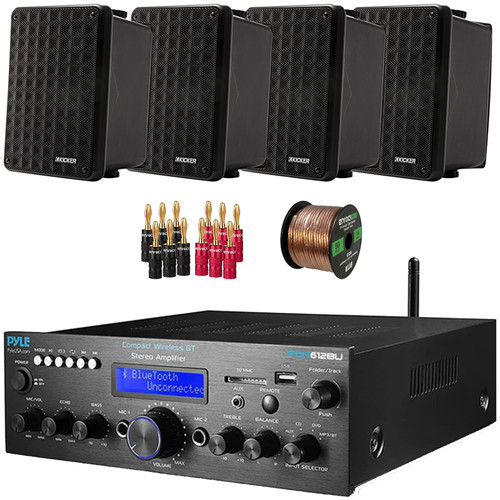 Pyle PDA612BU.5 Digital LCD Display Bluetooth USB MP3 Player FM Radio Amplifier Receiver, 4x Kicker 46KB6B 6.5" 150 Watt Max 2-Way Full-Range Indoor/Outdoor Black Speakers, Banana Plugs, Speaker Wire