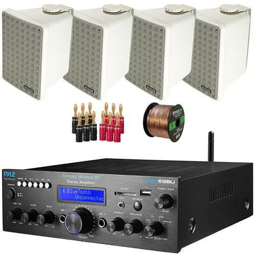 Pyle PDA612BU.5 Digital LCD Display Bluetooth USB MP3 Player FM Radio Amplifier Receiver, 4x Kicker 46KB6G 6.5" 150 Watt Max 2-Way Full-Range Indoor/Outdoor Gray Speakers, Banana Plugs, Speaker Wire