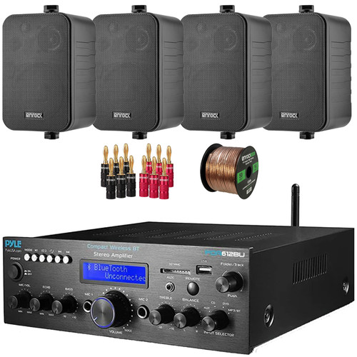 Pyle PDA612BU.5 Digital LCD Display Bluetooth USB MP3 Player FM Radio Amplifier Receiver, 4x Enrock EKMR408B 4" 30 Watt Max Power 3-Way Indoor/Outdoor Black Speakers, Banana Plugs, Speaker Wire