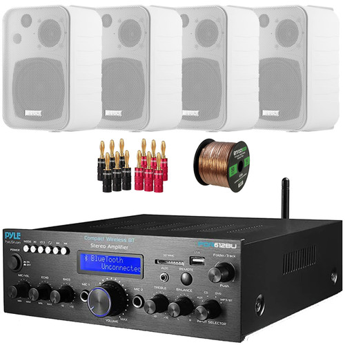 Pyle PDA612BU.5 Digital LCD Display Bluetooth USB MP3 Player FM Radio Amplifier Receiver, 4x Enrock EKMR408W 4" 30 Watt Max Power 3-Way Indoor/Outdoor White Box-Speakers, Banana Plugs, Speaker Wire