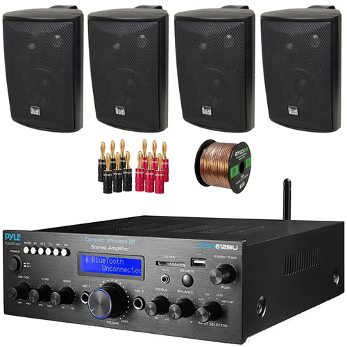 Pyle PDA612BU.5 Digital LCD Display Bluetooth USB MP3 Player FM Radio Amplifier Receiver, 4x Dual Electronics LU47PB 4" 200W Max Power 3-Way Indoor/Outdoor Black Speakers, Banana Plugs, Speaker Wire