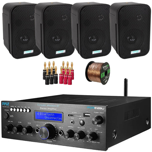 Pyle PDA612BU.5 Digital LCD Display Bluetooth USB MP3 Player FM Radio Amplifier Receiver, 4x Pyle PDWR30B 3.5" 300 Watt Max Power Indoor/Outdoor Black Waterproof Speakers, Banana Plugs, Speaker Wire
