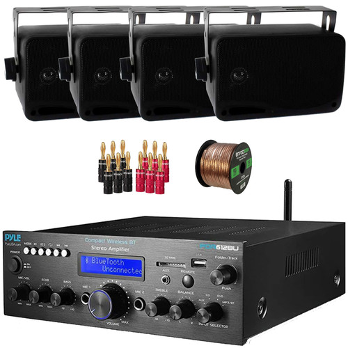 Pyle PDA612BU.5 Digital LCD Display Bluetooth USB MP3 Player FM Radio Amplifier Receiver, 4x Pyle PLMR24B 3.5'' 200 Watt Max 3-Way Indoor/Outdoor Wall Mount Black Speakers, Banana Plugs, Speaker Wire
