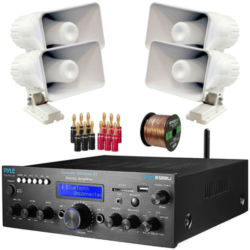 Pyle PDA612BU.5 Digital LCD Display Bluetooth USB MP3 Player FM Radio Amplifier Receiver, 4x Pyle PHSP4 6'' 50 Watt Max Power 8-Ohms Indoor/Outdoor PA Horn Speakers, Banana Plugs, Speaker Wire