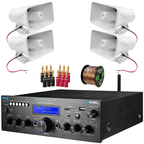 Pyle PDA612BU.5 Digital LCD Display Bluetooth USB MP3 Player FM Radio Amplifier Receiver, 4x Pyle PHSP5 8'' 65 Watt Max Power 8-Ohms Indoor/Outdoor PA Horn Speakers, Banana Plugs, Speaker Wire