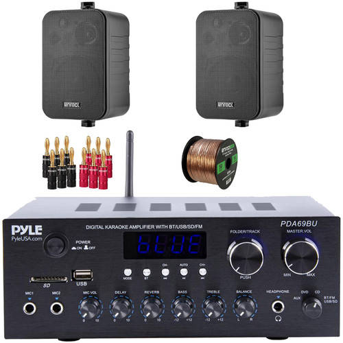 Pyle PDA69BU Bluetooth USB/AUX MP3 Player FM Radio Home Audio Stereo Amplifier Receiver, 2x Enrock EKMR408B 4" 30 Watt Max Power 3-Way Indoor/Outdoor Black Speakers, Banana Plugs, Speaker Wire