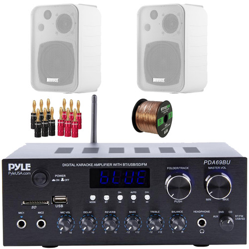 Pyle PDA69BU Bluetooth USB/AUX MP3 Player FM Radio Home Audio Stereo Amplifier Receiver, 2x Enrock EKMR408W 4" 30 Watt Max Power 3-Way Indoor/Outdoor White Box-Speakers, Banana Plugs, Speaker Wire
