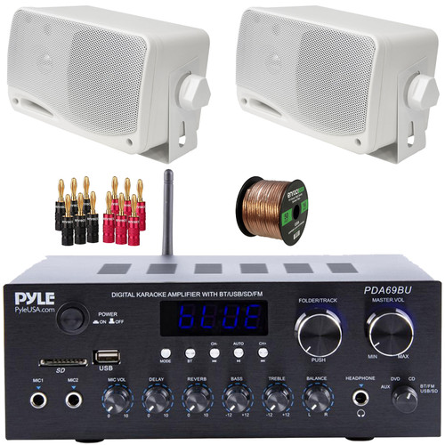 Pyle PDA69BU Bluetooth USB/AUX MP3 Player FM Radio Home Audio Stereo Amplifier Receiver, 2x Pyle PLMR24 3.5'' 200 Watt Max Power 3-Way Weather Proof White Mini Box Speakers, Banana Plugs, Speaker Wire