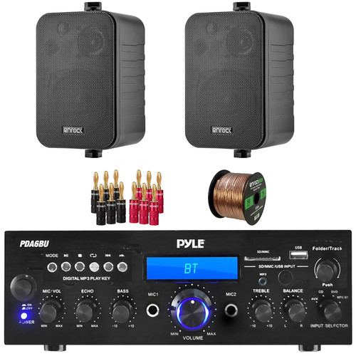 Pyle PDA6BU 200-Watt Bluetooth USB/AUX Home Audio Stereo Receiver, 2x Enrock EKMR408B 4" 30 Watt Max Power 3-Way Indoor/Outdoor Black Speakers, Banana Plugs, 50 Feet 16 Gauge Speaker Wire
