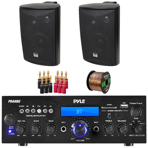 Pyle PDA6BU 200-Watt Bluetooth USB/AUX Home Audio Stereo Receiver, 2x Dual Electronics LU47PB 4" 200 Watt Max Power 3-Way Indoor/Outdoor Black Speakers, Banana Plugs, 50 Feet 16 Gauge Speaker Wire
