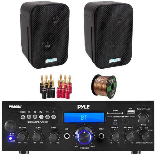 Pyle PDA6BU 200-Watt Bluetooth USB/AUX Home Audio Stereo Receiver, 2x Pyle PDWR30B 3.5" 300 Watt Max Power Indoor/Outdoor Black Waterproof Speakers, Banana Plugs, 50 Feet 16 Gauge Speaker Wire