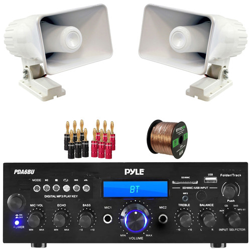 Pyle PDA6BU 200-Watt Bluetooth USB/AUX Home Audio Stereo Receiver, 2x Pyle PHSP4 6'' 50 Watt Max Power 8-Ohms Indoor/Outdoor PA Horn Speakers, Banana Plugs, 50 Feet 16 Gauge Speaker Wire