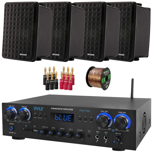 Pyle PDA77BU Bluetooth USB/AUX MP3 Player FM Radio Home Audio Amplifier Receiver, 4x Kicker 46KB6B 6.5" 150 Watt Max Power 2-Way Full-Range Indoor/Outdoor Black Speakers, Banana Plugs, Speaker Wire