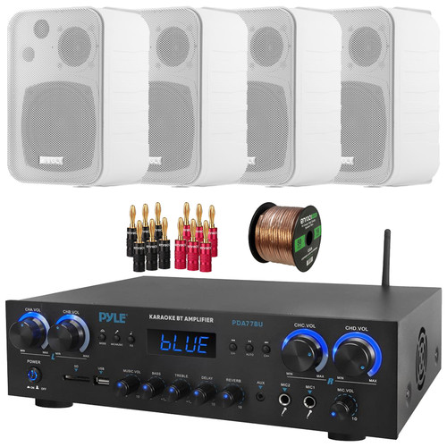 Pyle PDA77BU Bluetooth USB/AUX MP3 Player FM Radio Home Audio Amplifier Receiver, 4x Enrock EKMR408W 4" 30 Watt Max Power 3-Way Indoor/Outdoor White Box-Speakers, Banana Plugs, 50 Feet Speaker Wire