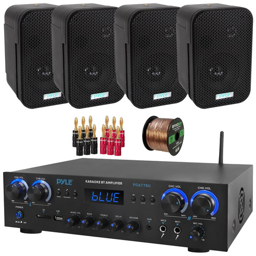 Pyle PDA77BU Bluetooth USB/AUX MP3 Player FM Radio Home Audio Amplifier Receiver, 4x Pyle PDWR30B 3.5" 300 Watt Max Power Indoor/Outdoor Black Waterproof Speakers, Banana Plugs, 50 Feet Speaker Wire