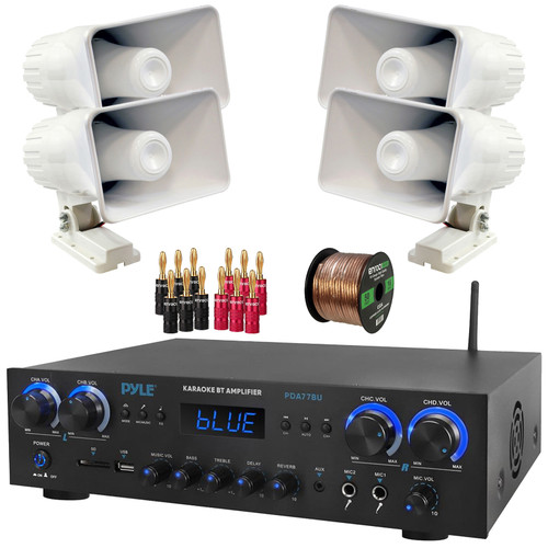 Pyle PDA77BU Bluetooth USB/AUX MP3 Player FM Radio Home Audio Amplifier Receiver, 4x Pyle PHSP4 6'' 50W Max Power 8-Ohms Indoor/Outdoor PA Horn Speakers, Banana Plugs, 50 Feet 16 Gauge Speaker Wire