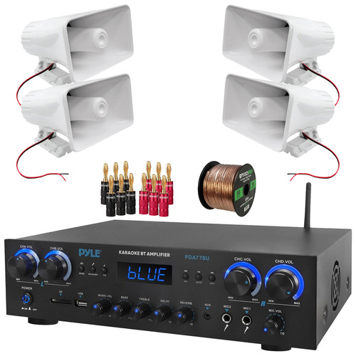 Pyle PDA77BU Bluetooth USB/AUX MP3 Player FM Radio Home Audio Amplifier Receiver, 4x Pyle PHSP5 8'' 65 Watt Max Power 8-Ohms Indoor/Outdoor PA Horn Speakers, Banana Plugs, 50 Feet Speaker Wire
