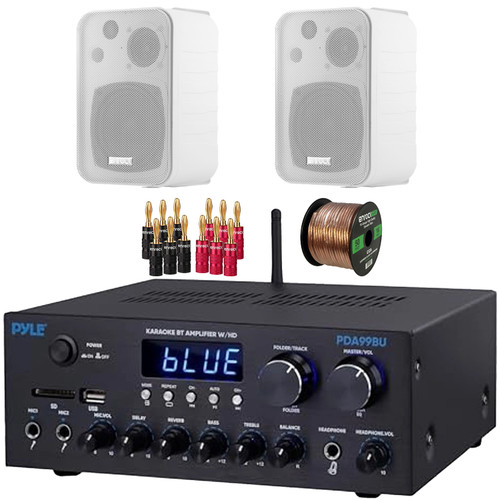 Pyle PDA99BU Bluetooth USB/AUX HDMI/MP3 Player FM Radio Home Audio Amplifier Receiver, 2x Enrock EKMR408W 4" 30 Watt Max Power 3-Way Indoor/Outdoor White Box-Speakers, Banana Plugs, Speaker Wire