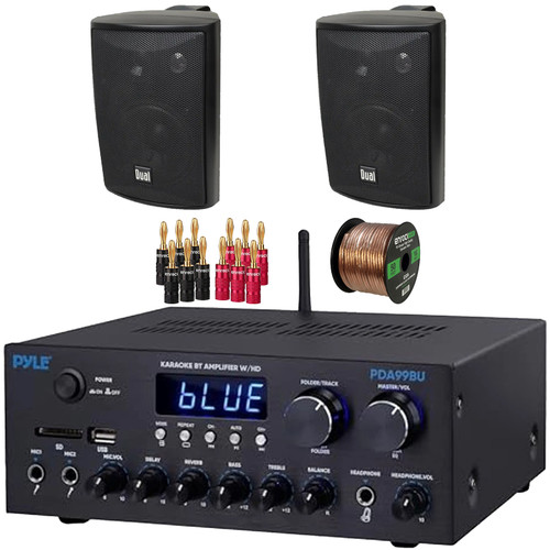 Pyle PDA99BU Bluetooth USB/AUX HDMI/MP3 Player FM Radio Home Audio Amplifier Receiver, 2x Dual Electronics LU47PB 4" 200 Watt Max Power 3-Way Indoor/Outdoor Black Speakers, Banana Plugs, Speaker Wire