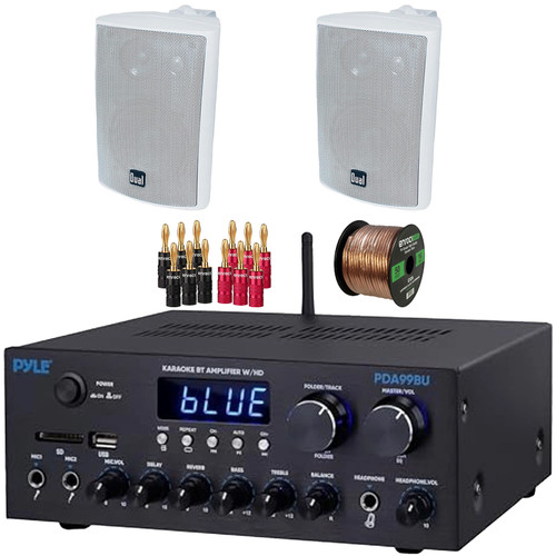 Pyle PDA99BU Bluetooth USB/AUX HDMI/MP3 Player FM Radio Home Audio Amplifier Receiver, 2x Dual Electronics LU47PW 4" 200 Watt Max Power 3-Way Indoor/Outdoor White Speakers, Banana Plugs, Speaker Wire