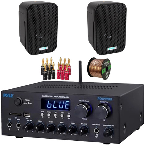 Pyle PDA99BU Bluetooth USB/AUX HDMI/MP3 Player FM Radio Home Audio Amplifier Receiver, 2x Pyle PDWR30B 3.5" 300 Watt Max Power Indoor/Outdoor Black Waterproof Speakers, Banana Plugs, Speaker Wire