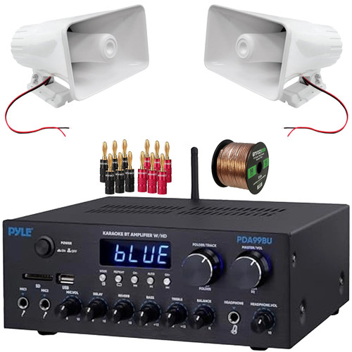 Pyle PDA99BU Bluetooth USB/AUX HDMI/MP3 Player FM Radio Home Audio Amplifier Receiver, 2x Pyle PHSP5 8'' 65 Watt Max Power 8-Ohms Indoor/Outdoor PA Horn Speakers, Banana Plugs, 50 Feet Speaker Wire