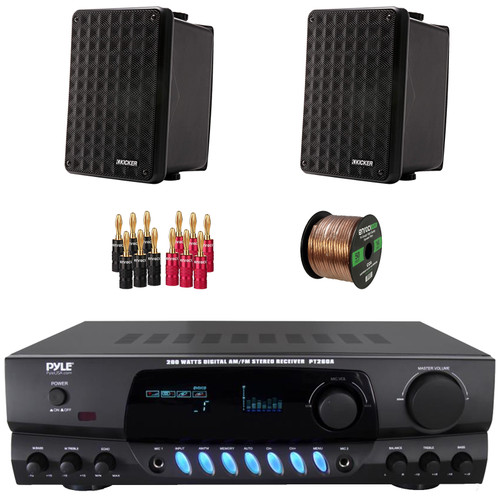 Pyle PT260A 200 Watts Digital Media AM/FM Radio Home Audio Stereo Amplifier Receiver, 2x Kicker 6.5" 150W Max Power 2-Way Full-Range Indoor/Outdoor Black Speakers, Screen Banana Plugs, Speaker Wire