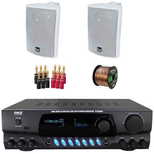 Pyle PT260A 200 Watts Digital Media AM/FM Radio Home Audio Stereo Amplifier Receiver, 2x Dual Electronics 4" 200 Watt Max Power 3-Way Indoor/Outdoor White Speakers, Screen Banana Plugs, Speaker Wire