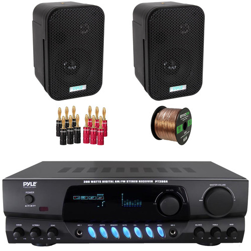 Pyle PT260A 200 Watts Digital Media AM/FM Radio Home Audio Stereo Amplifier Receiver, 2x Pyle PDWR30B 3.5" 300W Max Power Indoor/Outdoor Black Waterproof Speakers, Screen Banana Plugs, Speaker Wire