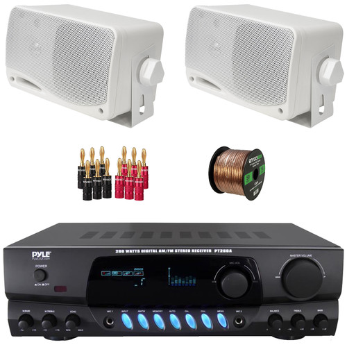 Pyle PT260A 200 Watts Digital Media AM/FM Radio Home Audio Stereo Amplifier Receiver, 2x Pyle PLMR24 3.5'' 200W Max Power 3-Way Weather Proof White Mini Box Speakers, Screen Banana Plugs, Speaker Wire