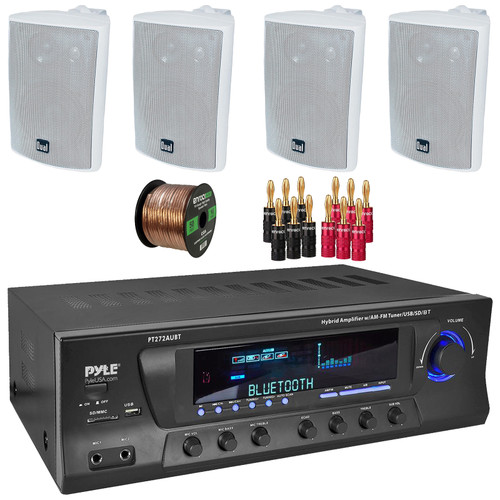 Pyle PT272AUBT Bluetooth USB AM/FM Radio 300 Watts Max Power Home Audio Theater Amplifier Stereo Receiver, 4x 4" 200 Watt Max Power 3-Way Indoor/Outdoor White Speakers, Banana Plugs, Speaker Wire