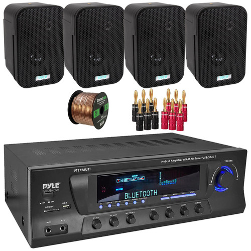 Pyle PT272AUBT Bluetooth USB AM/FM Radio 300 Watts Max Power Home Audio Theater Amplifier Stereo Receiver, 4x 3.5" 300W Max Power Indoor/Outdoor Black Waterproof Speakers, Banana Plugs, Speaker Wire