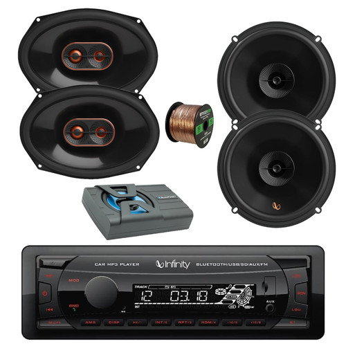 Infinity Alpha 100 Single DIN Bluetooth USB/AUX SD FM Radio MP3 Receiver, 2x 6.5" 150 Watt 2-Way Speakers, 2x 6x9" 300 Watt 3-Way Car Audio Speakers (no Grilles), 8" Slim Subwoofer Enclosure w/Wire
