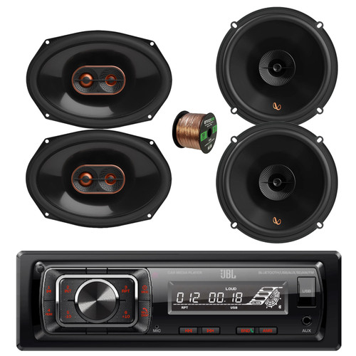 JBL Celebrity150 Single DIN USB/AUX Bluetooth FM Radio Receiver, 2x 6.5" 150 Watt 2-Way Speakers, 2x 6x9" 300 Watt 3-Way Car Audio Speakers (no Grilles) w/Wire