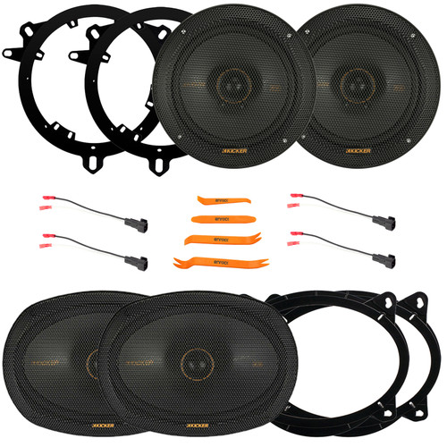 2x Kicker KSC690 KS-Series 6x9" 300W Max 2-Way 4-Ohm Thin-Mount Car Audio Speakers w/Adapters, 2x 6.5" 200W Max 2-Way Thin-Mount Automotive Speakers W/Adapters, 2x Speaker Wire Harness, Pry Tool Set