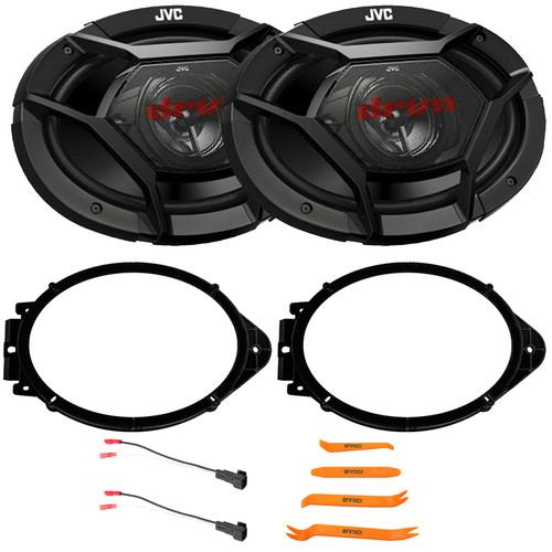 2x JVC CS-DR6931 DRVN Series 6x9" 500 Watt Max Power 3-Way Coaxial Car Audio Speakers w/2x 6x9" Speaker Adapter, Speaker Wire Harness, Pry Tool Set (Bundle Fits Select 2014-2024 GM Trucks and SUVs)