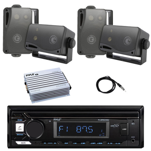 Pyle PLMRB29B2 Single DIN Marine Bluetooth MP3 Player Stereo Receiver, 4x 3.5'' 200 Watt Max Power 3-Way Indoor/Outdoor Audio Speakers, 4-Channel Amplifier, Radio Antenna