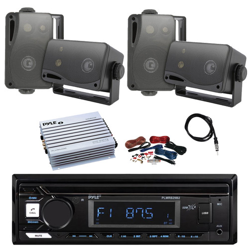 Pyle PLMRB29B2 Single DIN Marine Bluetooth MP3 Player Stereo Receiver, 4x 3.5'' 200 Watt Max Power 3-Way Indoor/Outdoor Audio Speakers, Amplifier w/Kit, Radio Antenna
