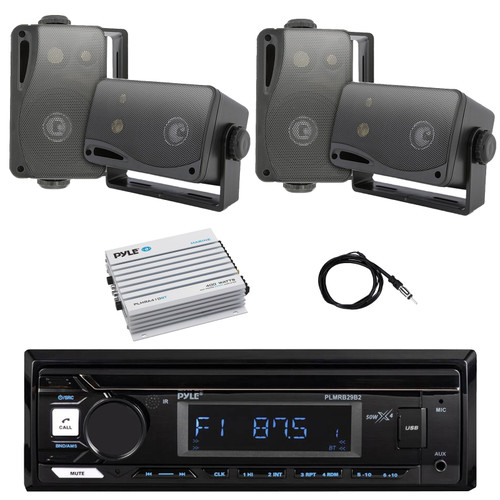 Pyle PLMRB29B2 Single DIN Marine Bluetooth MP3 Player Stereo Receiver, 4x 3.5'' 200 Watt Max Power 3-Way Indoor/Outdoor Audio Speakers, Bluetooth Amplifier, Antenna