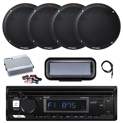 Pyle PLMRB29B2 Single DIN Marine Bluetooth MP3 Player Stereo Receiver, Cover, 4x 3.5'' 200 Watt Max Power 3-Way Indoor/Outdoor Audio Speakers, Amplifier w/Kit, Radio Antenna