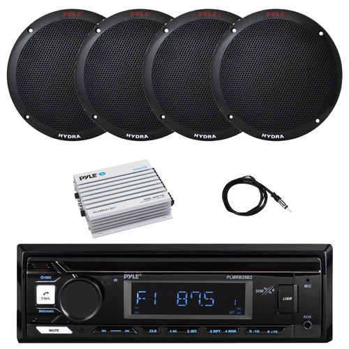 Pyle PLMRB29B2 Single DIN Marine Bluetooth MP3 Player Stereo Receiver, 4x 3.5'' 200 Watt Max Power 3-Way Indoor/Outdoor Audio Speakers, Bluetooth Amplifier, Antenna